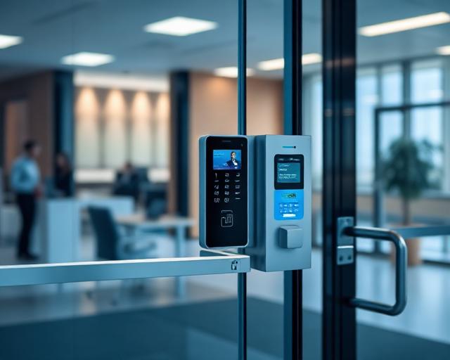 Access control card reader on a glass office door