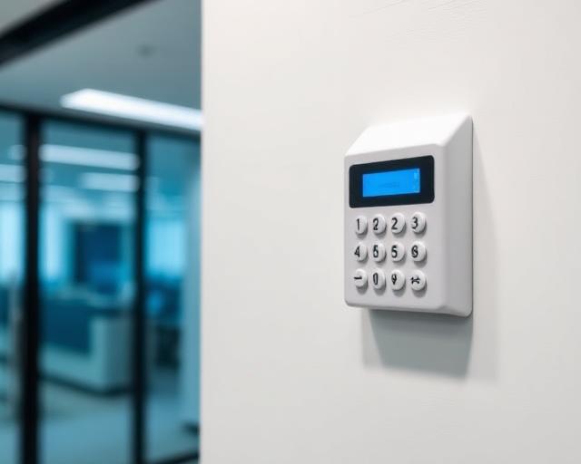 Modern intruder alarm keypad in an office